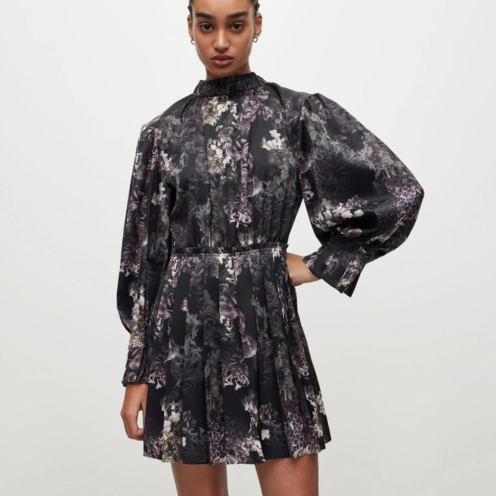 All Saints Black Floral Puff-Sleeve Mini Dress